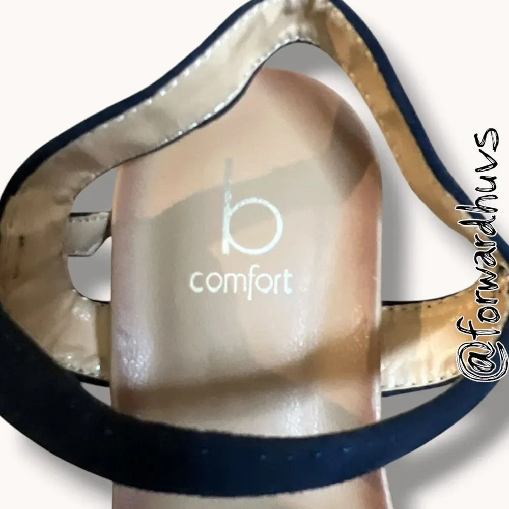 B. Comfort Navy Blue & Gold Ankle Strap Wedge Sandals Size 9